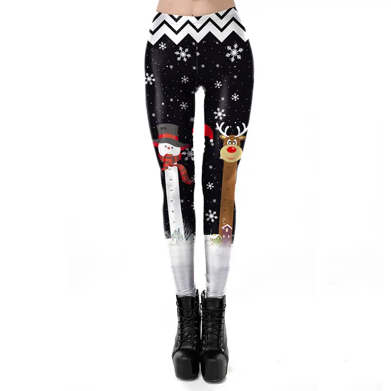 Christmas Print Stretch Leggings Women Red