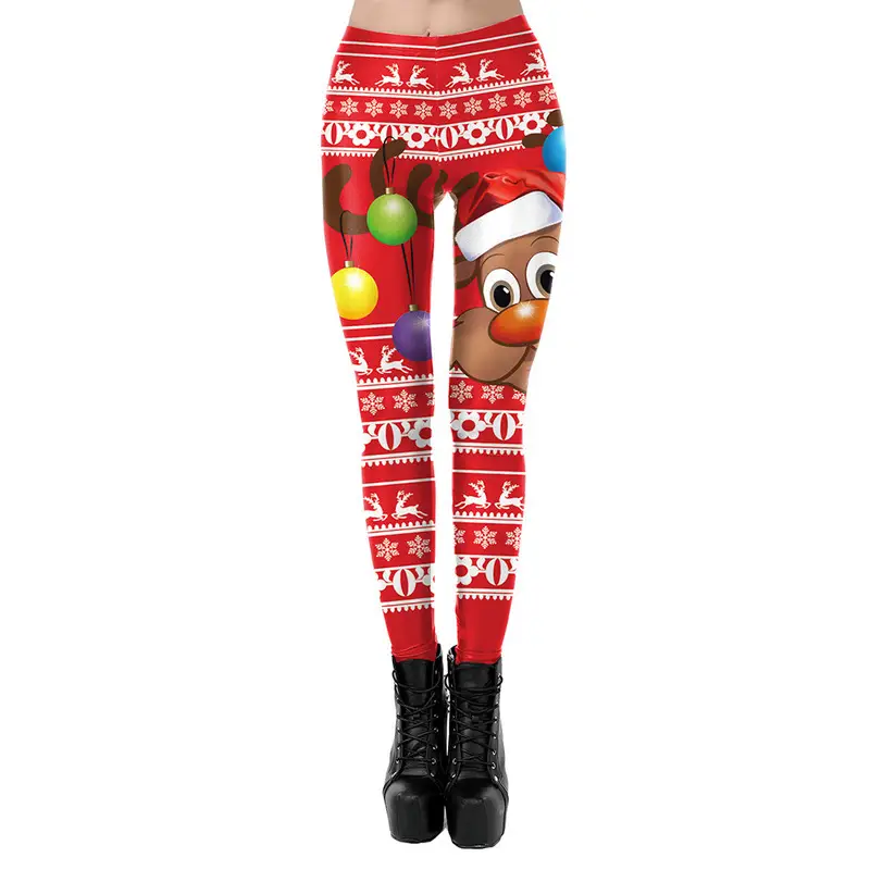 Christmas Print Stretch Leggings Women Red