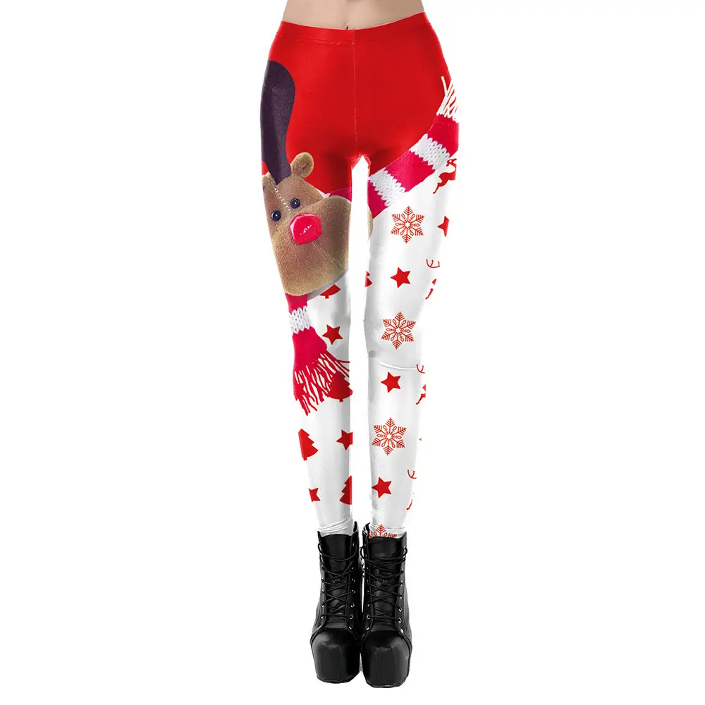 Christmas Print Stretch Leggings Women Red