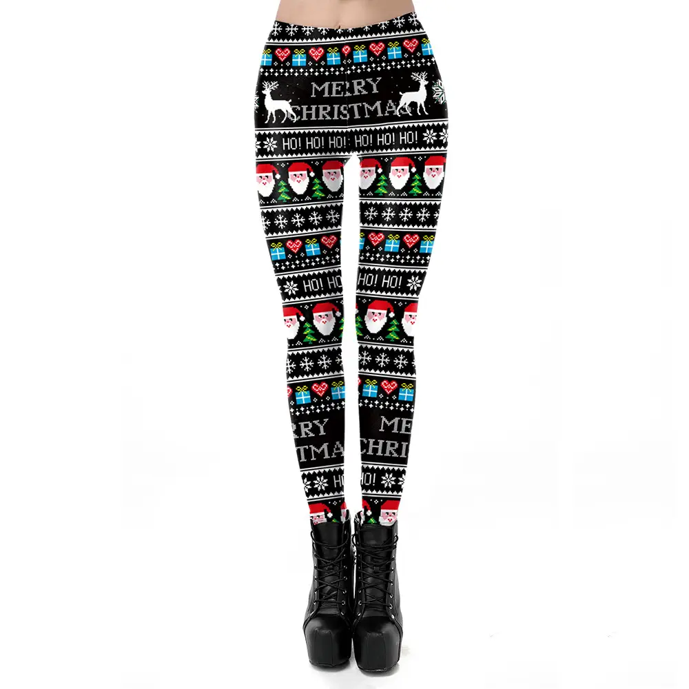 Christmas Print Stretch Leggings Women Red