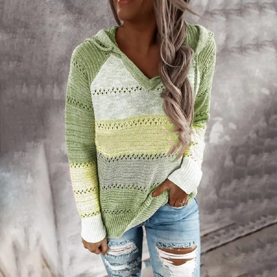 Women Multi Color Knitted Hoodie Winter Sweater - Image 2