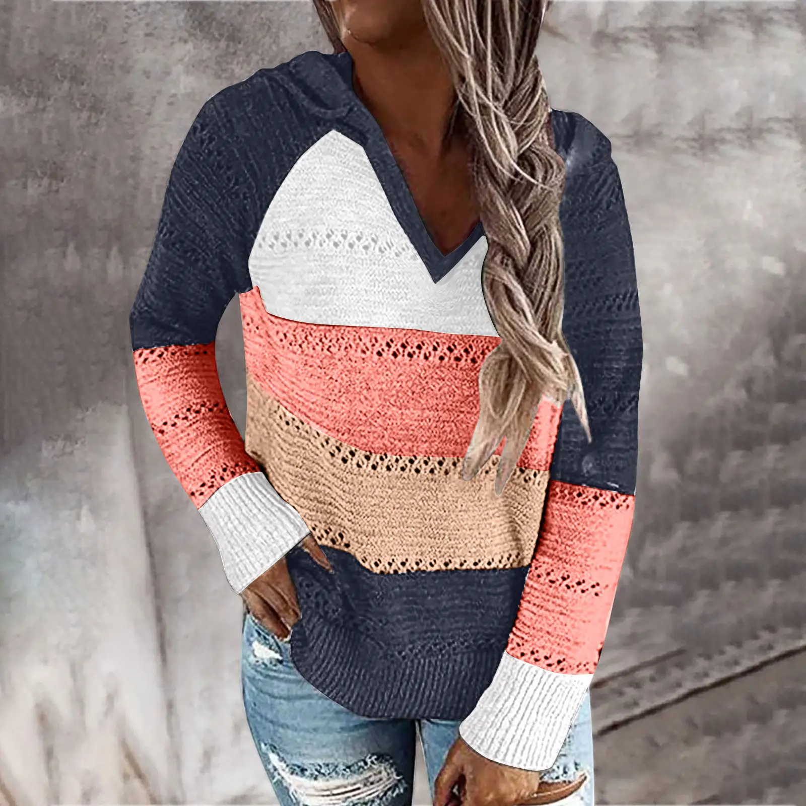 Women Multi Color Knitted Hoodie Winter Sweater - Image 7