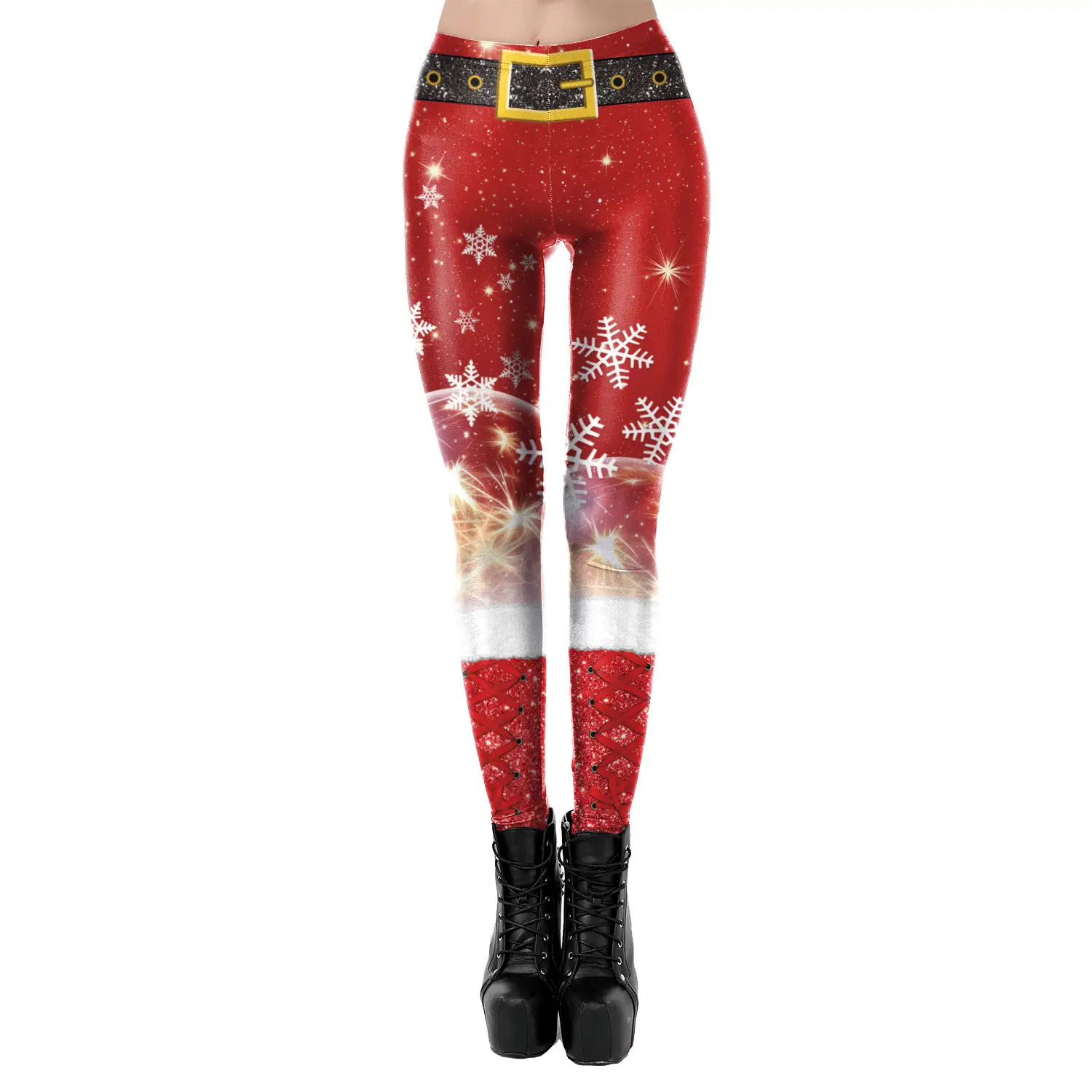 Women's Cross-Lace Leggings with Christmas Print