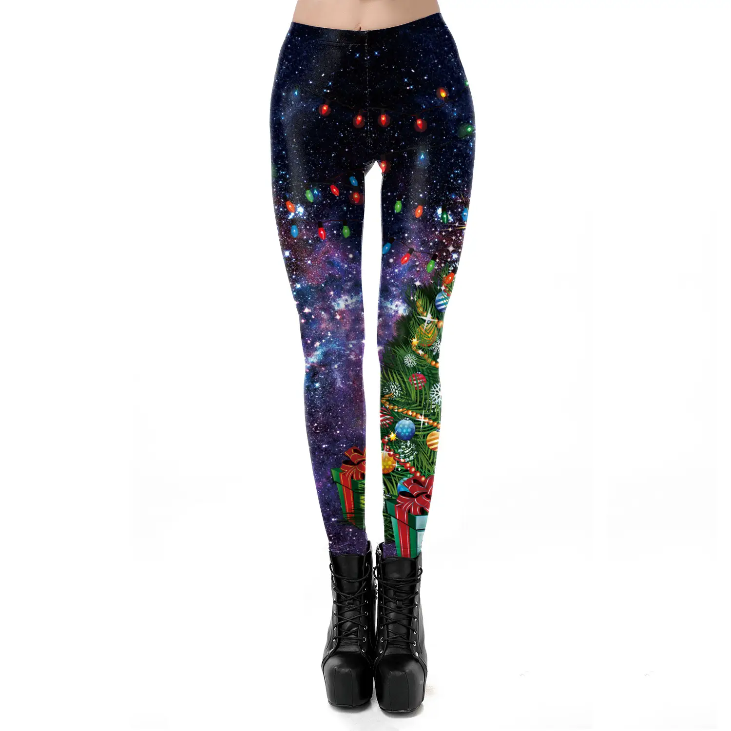 Women's Cross-Lace Leggings with Christmas Print