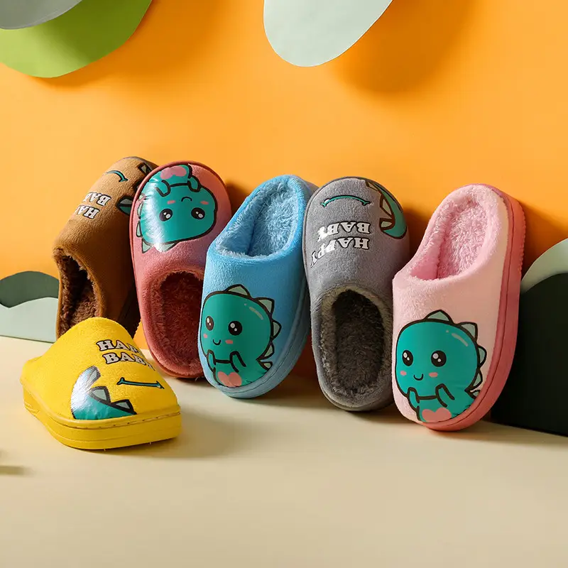 2025 New Cotton Slippers for Kidsren Aged 3-10 Years Old Cartoon Dinosaur Home Indoor Non-Slip Thick-Soled Floor Shoes for Boys and Girls