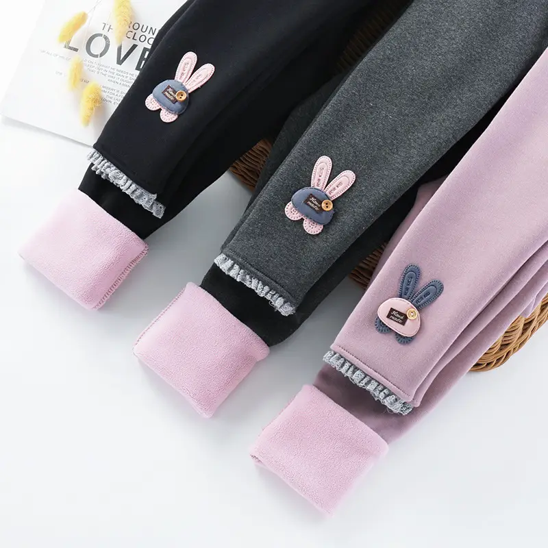 Girls Fleece Leggings Pink Bunny Embroidered Winter Pants - Image 6
