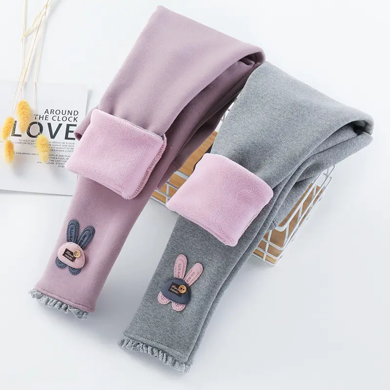 Girls Fleece Leggings Pink Bunny Embroidered Winter Pants - Image 7