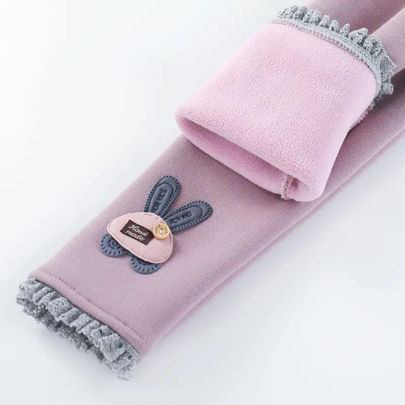Girls Fleece Leggings Pink Bunny Embroidered Winter Pants - Image 9
