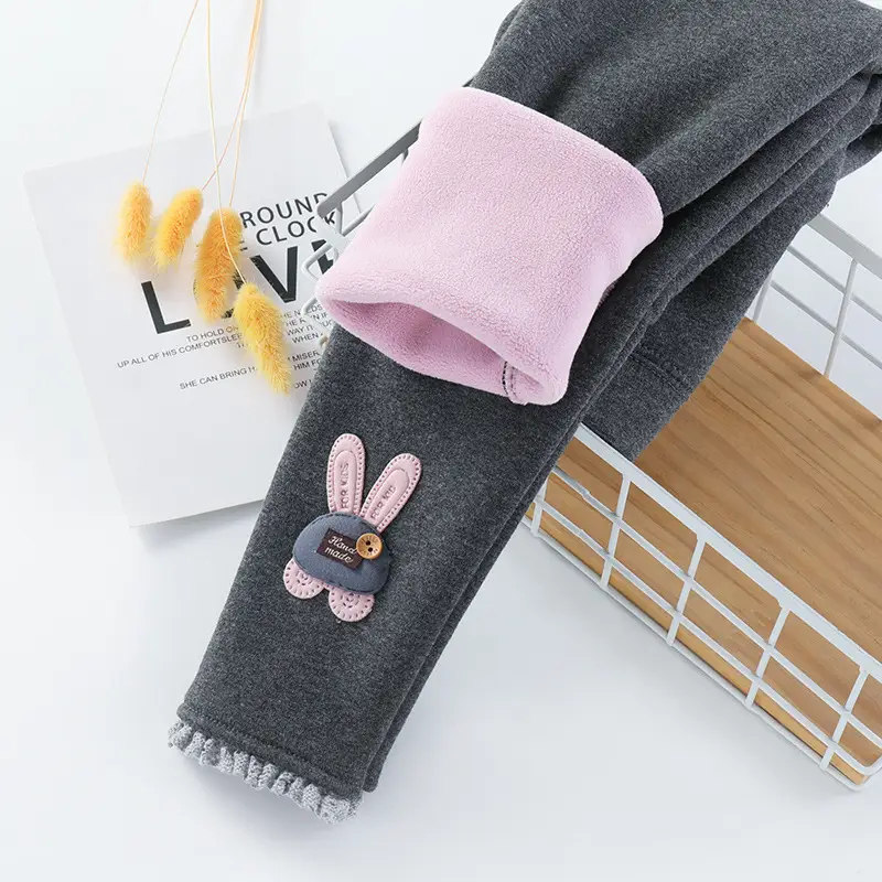 Girls Fleece Leggings Pink Bunny Embroidered Winter Pants - Image 2