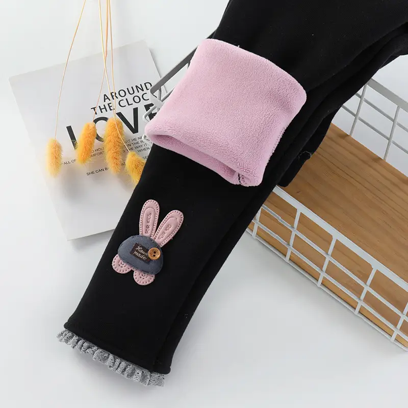 Girls Fleece Leggings Pink Bunny Embroidered Winter Pants - Image 3