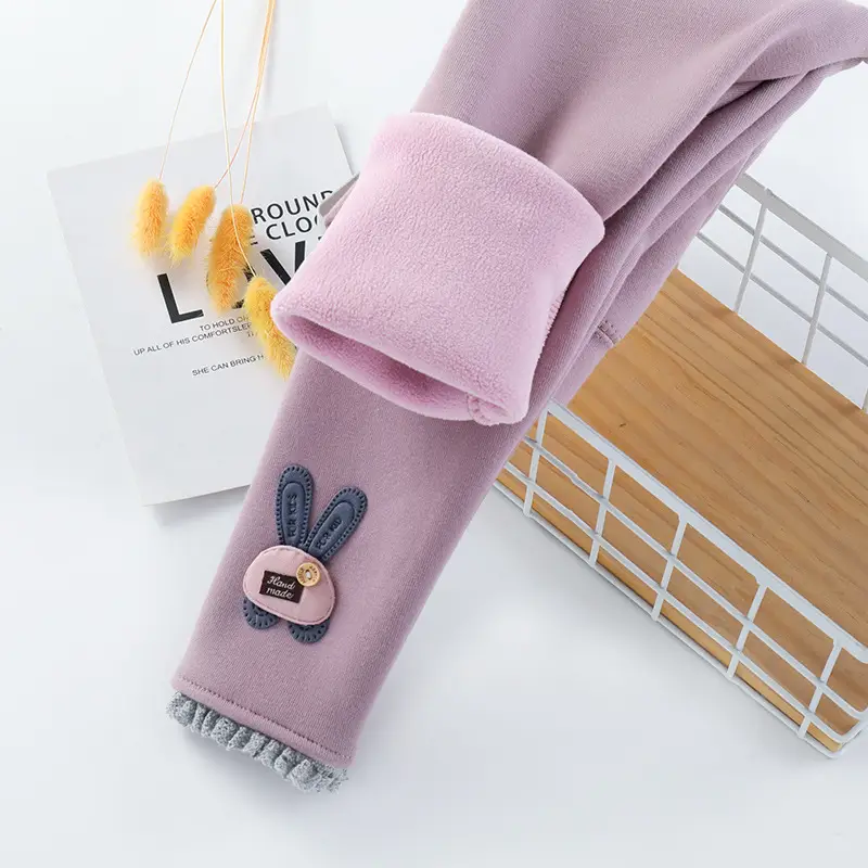 Girls Fleece Leggings Pink Bunny Embroidered Winter Pants - Image 4