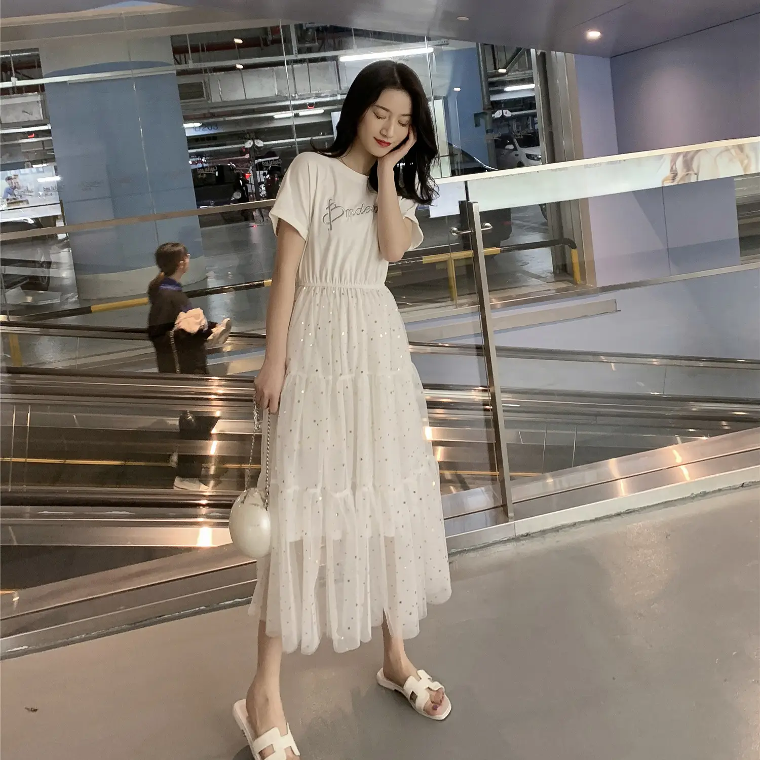Maternity Dress White Sequined A-Line Skirt - Image 5