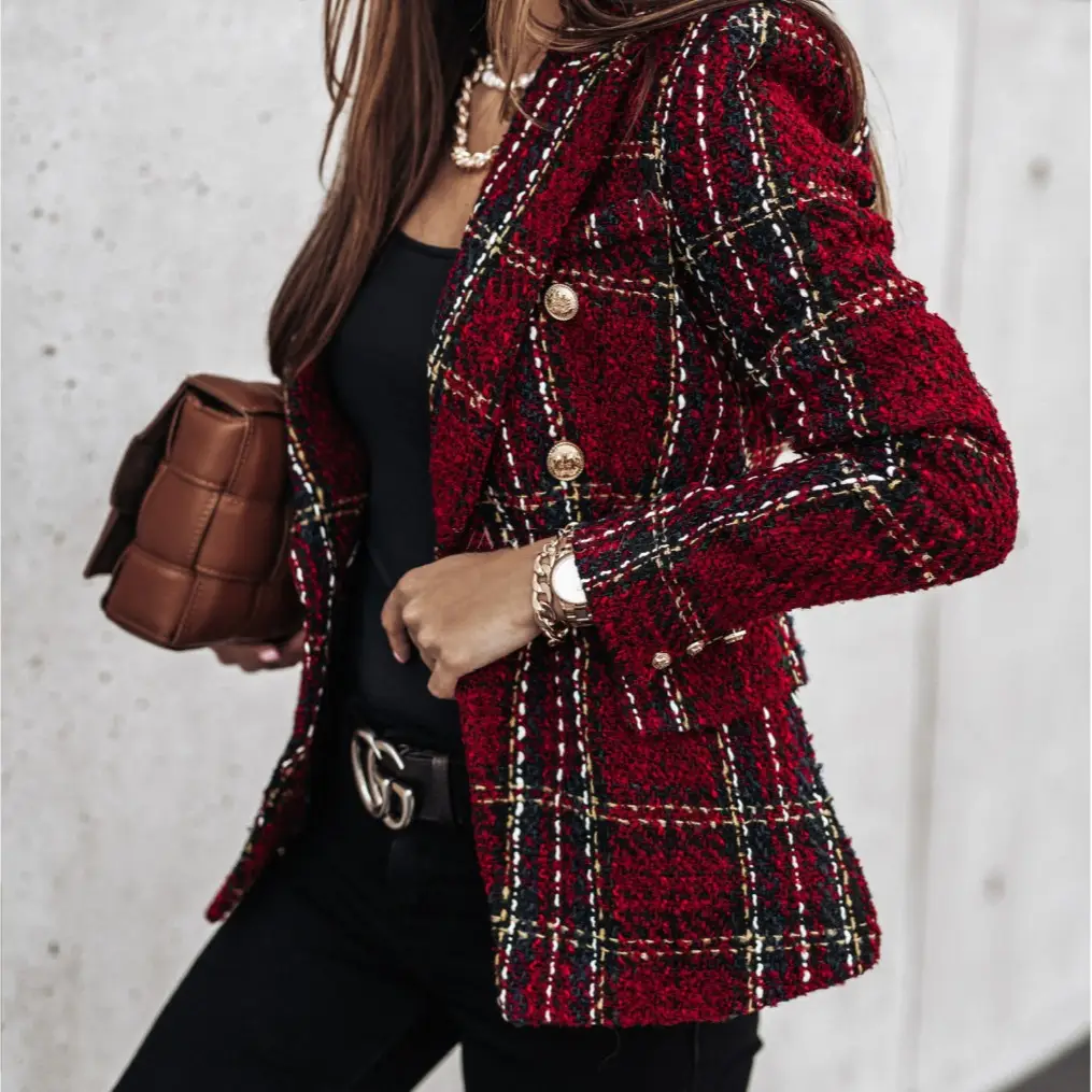 2023 Printed Long Sleeve Suit Jacket Beige Plaid - Image 6