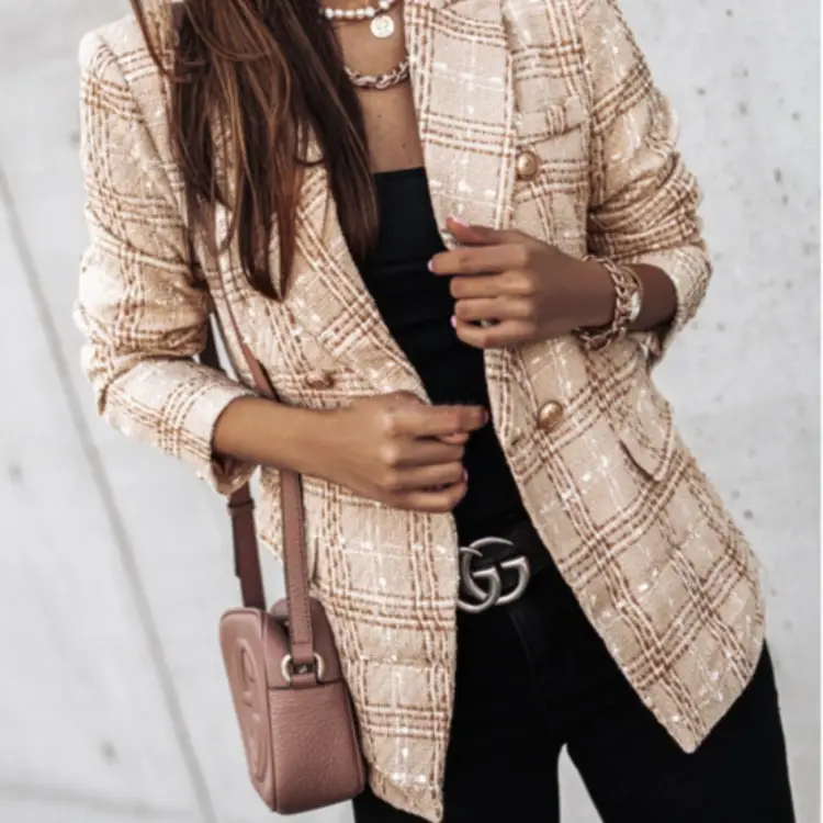2023 Printed Long Sleeve Suit Jacket Beige Plaid - Image 7