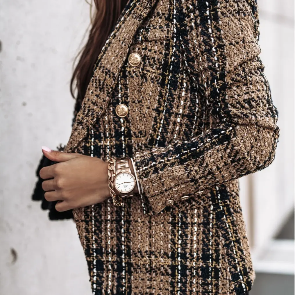 2023 Printed Long Sleeve Suit Jacket Beige Plaid - Image 8