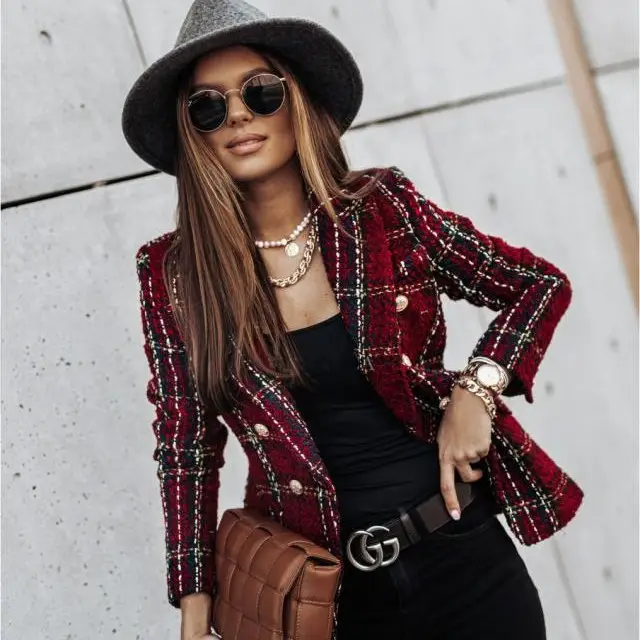 2023 Printed Long Sleeve Suit Jacket Beige Plaid - Image 9