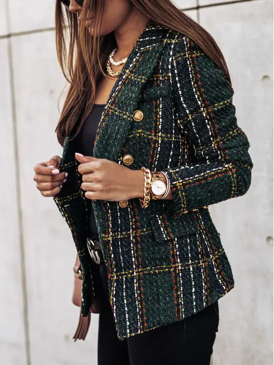 2023 Printed Long Sleeve Suit Jacket Beige Plaid - Image 4