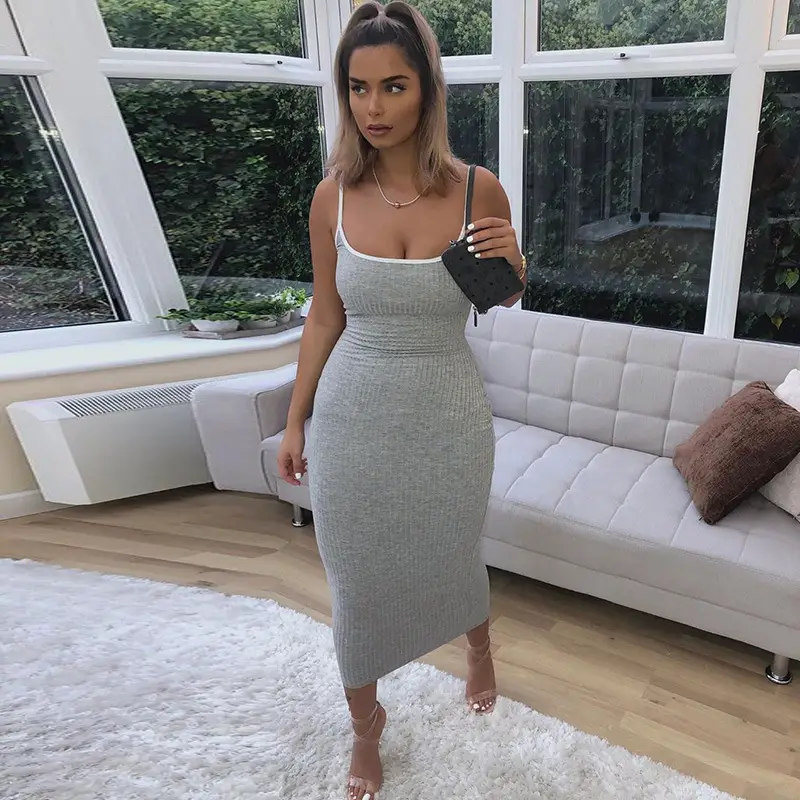 European Station 2020 Summer New Women's Solid Color Sling Backless Hip Slim-fit Dress - Image 2