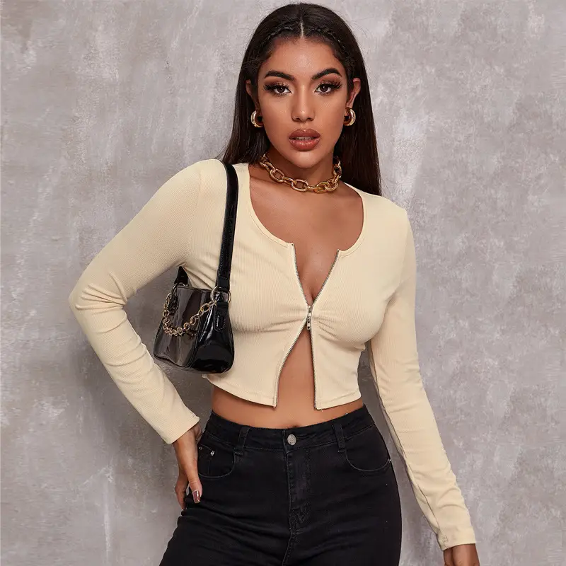 Black Zipper Crop Top for Women Long Sleeve Summer Wear - Image 5