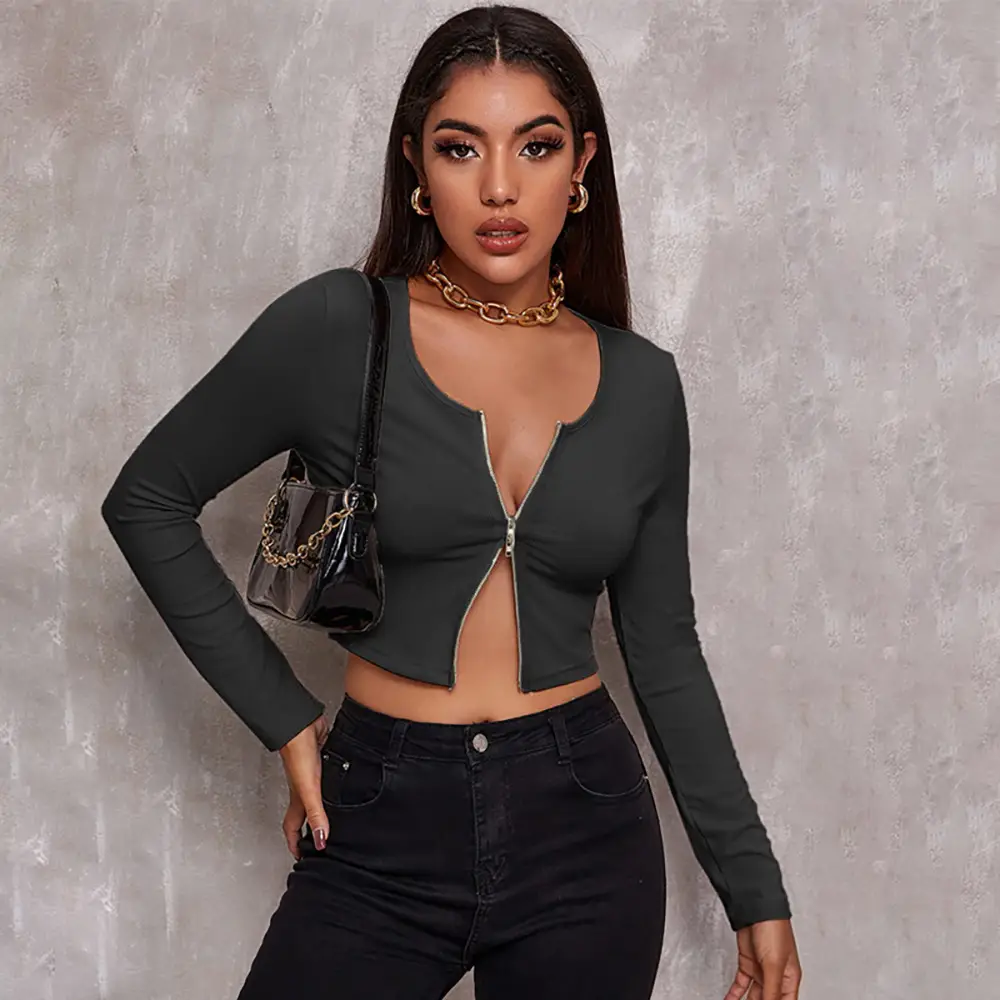 Black Zipper Crop Top for Women Long Sleeve Summer Wear - Image 6