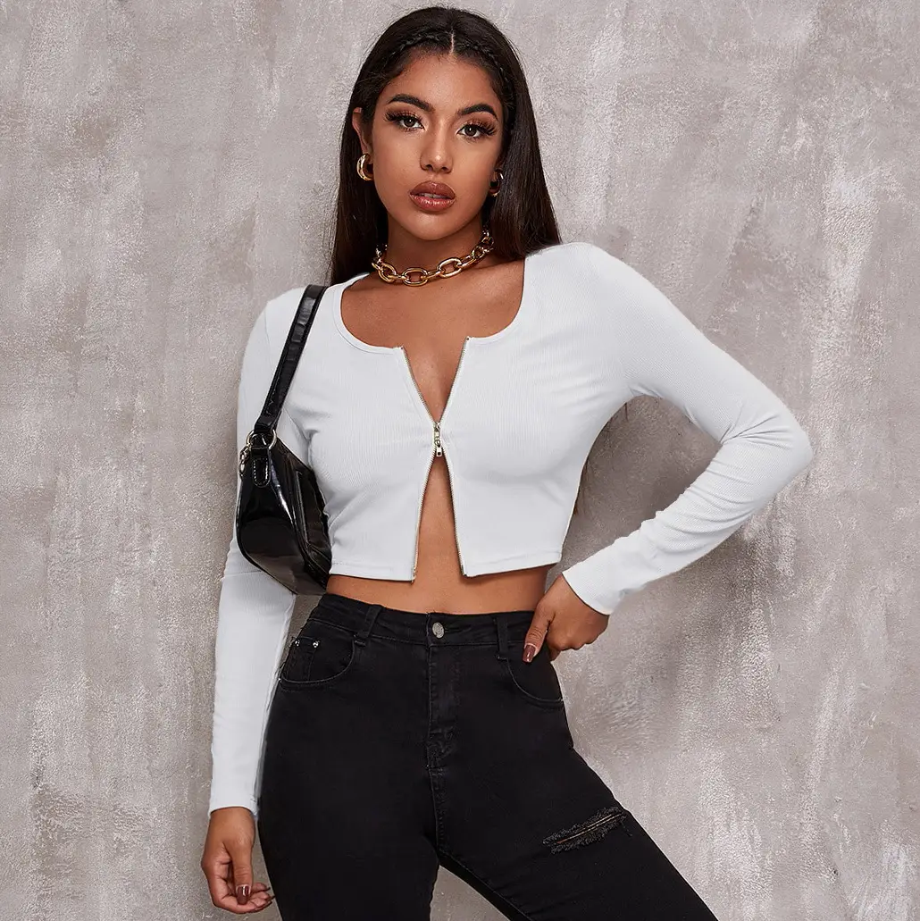 Black Zipper Crop Top for Women Long Sleeve Summer Wear - Image 8