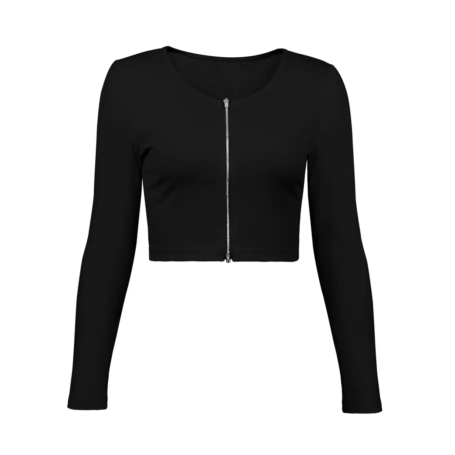 Black Zipper Crop Top for Women Long Sleeve Summer Wear - Image 2