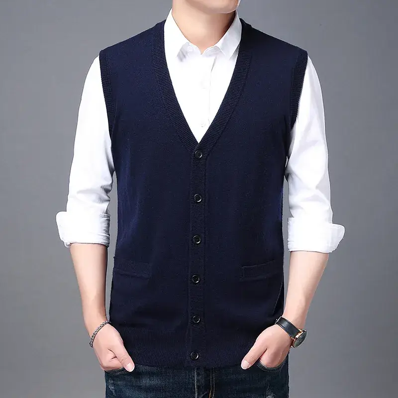 Men Knitted Sleeveless Vest Grey Winter Dad Wear - Image 6
