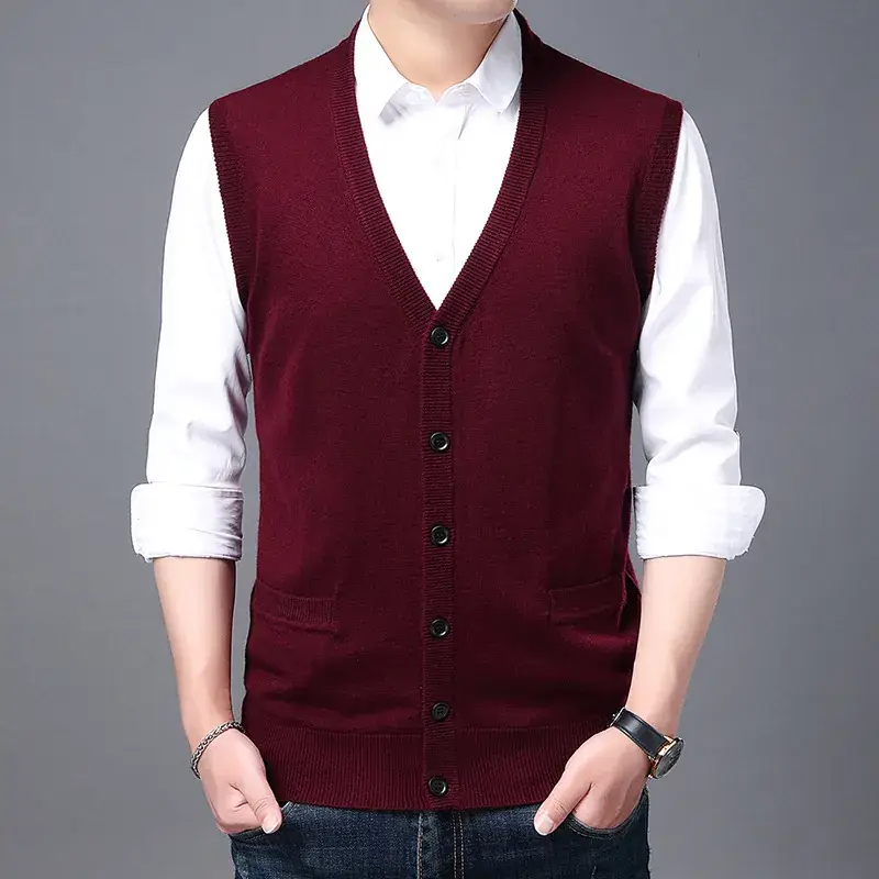 Men Knitted Sleeveless Vest Grey Winter Dad Wear - Image 2