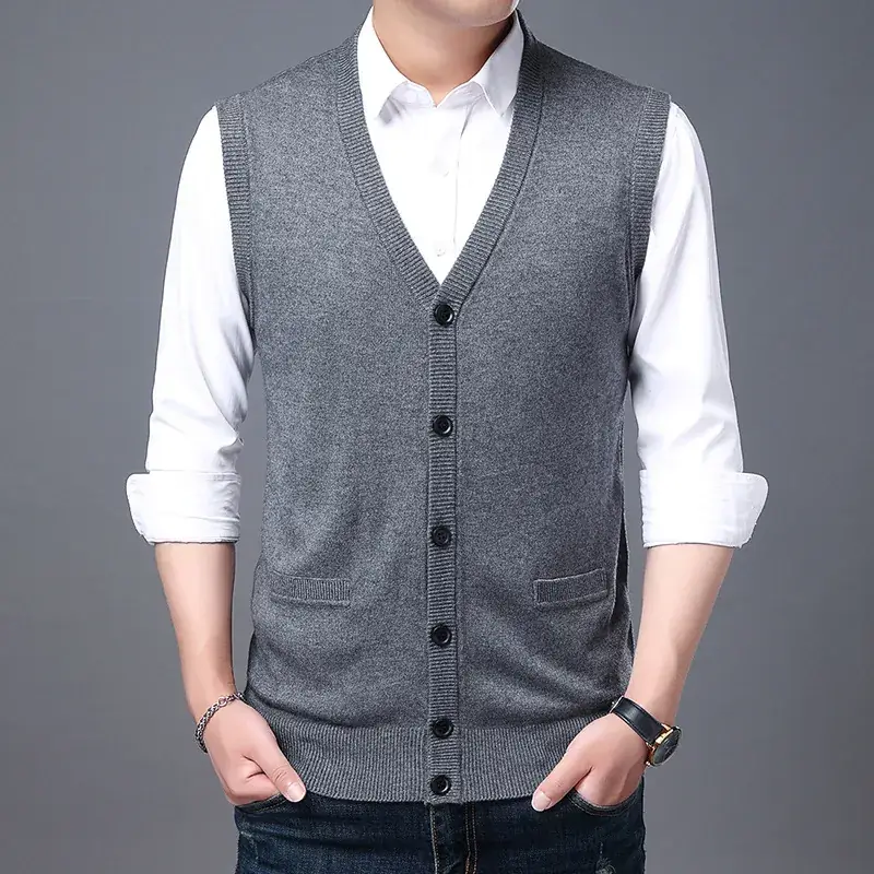 Men Knitted Sleeveless Vest Grey Winter Dad Wear - Image 4