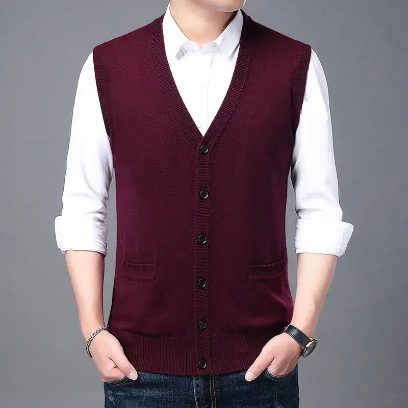 Men Knitted Sleeveless Vest Grey Winter Dad Wear - Image 5