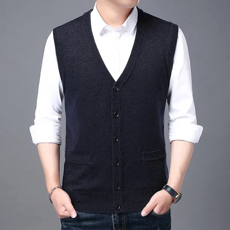 Men Knitted Sleeveless Vest Grey Winter Dad Wear - Image 7
