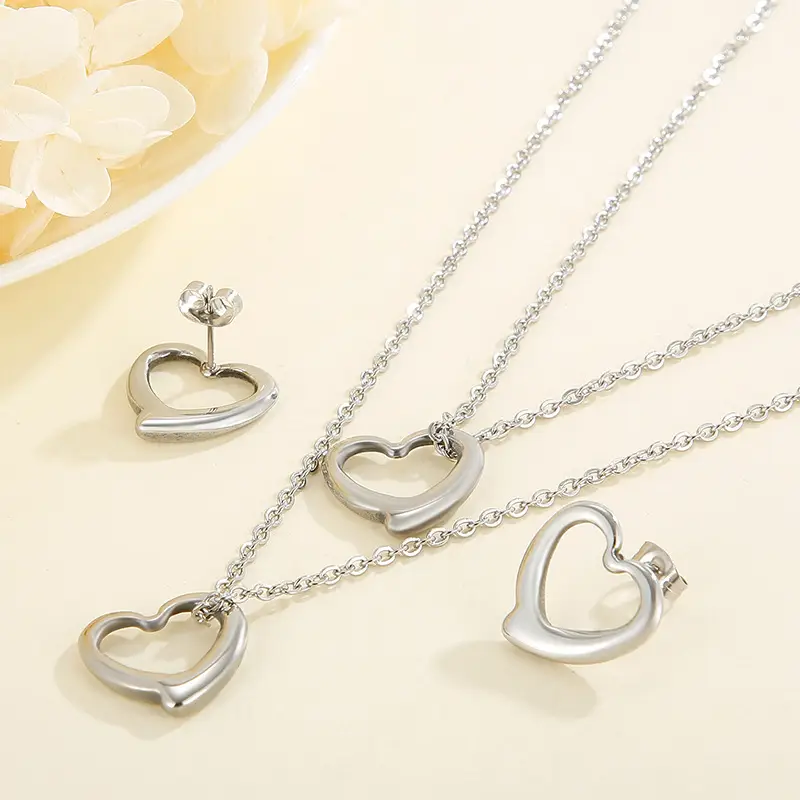 Heart Shaped Jewelry Set Gold Silver Double Layer Necklace Earrings - Image 9
