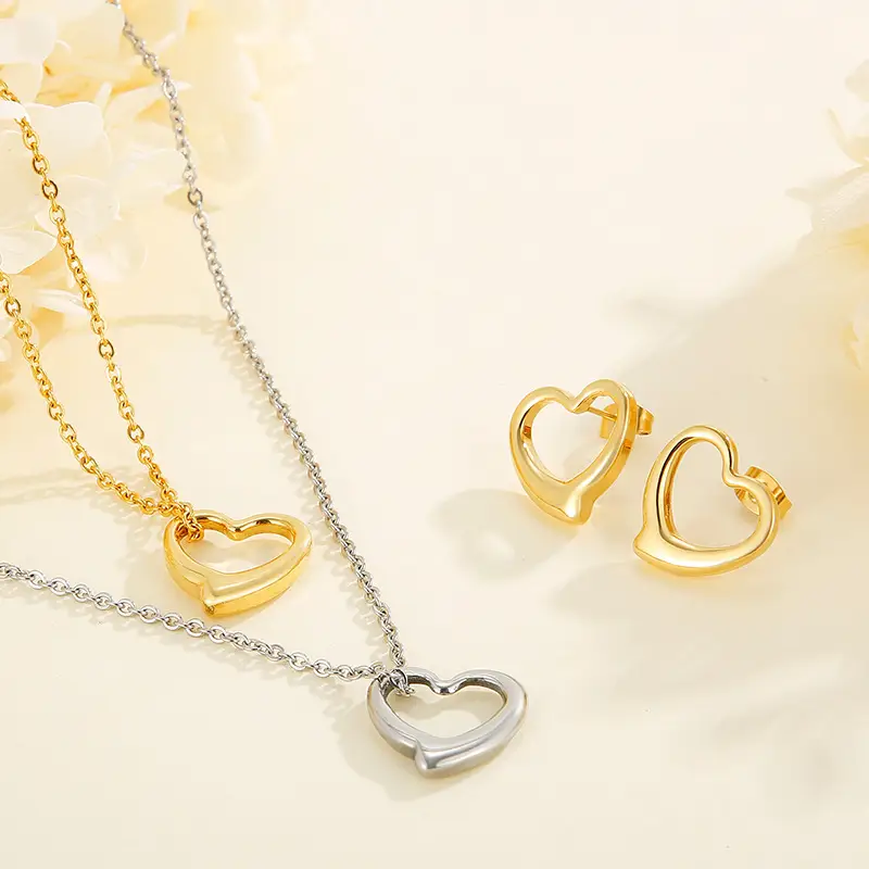 Heart Shaped Jewelry Set Gold Silver Double Layer Necklace Earrings - Image 10