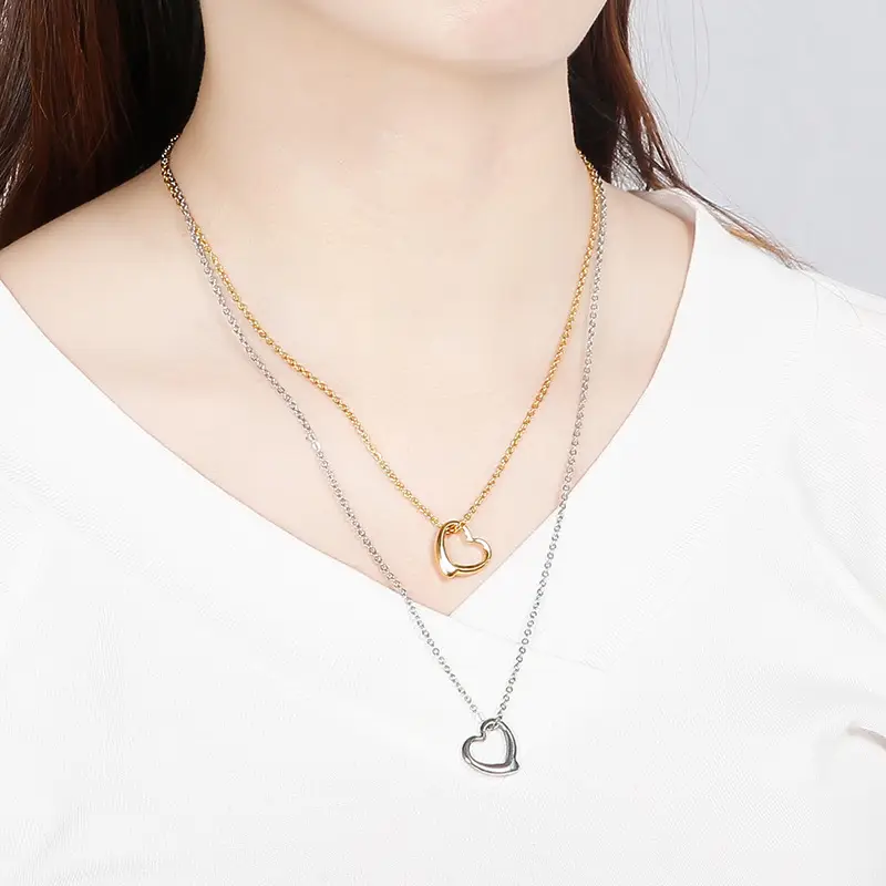Heart Shaped Jewelry Set Gold Silver Double Layer Necklace Earrings - Image 11