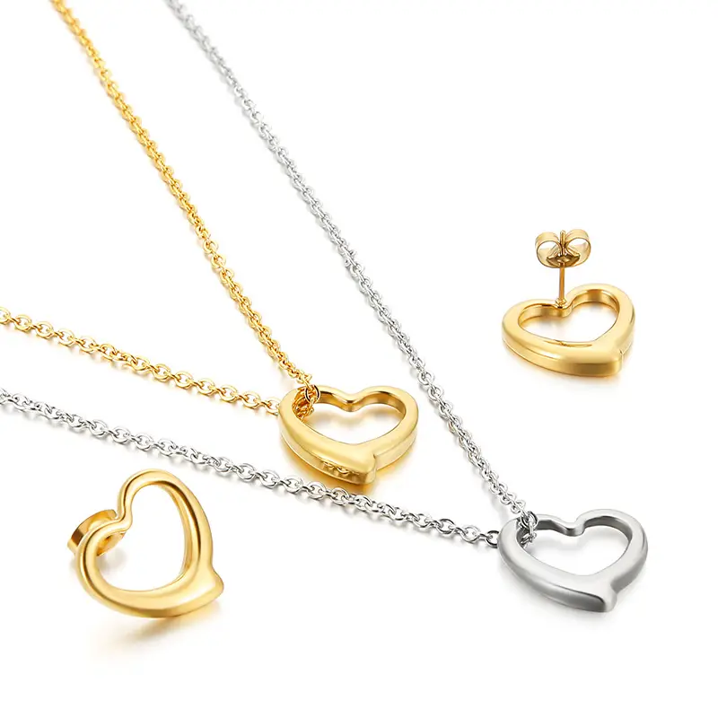 Heart Shaped Jewelry Set Gold Silver Double Layer Necklace Earrings - Image 12