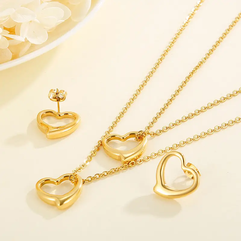 Heart Shaped Jewelry Set Gold Silver Double Layer Necklace Earrings - Image 2