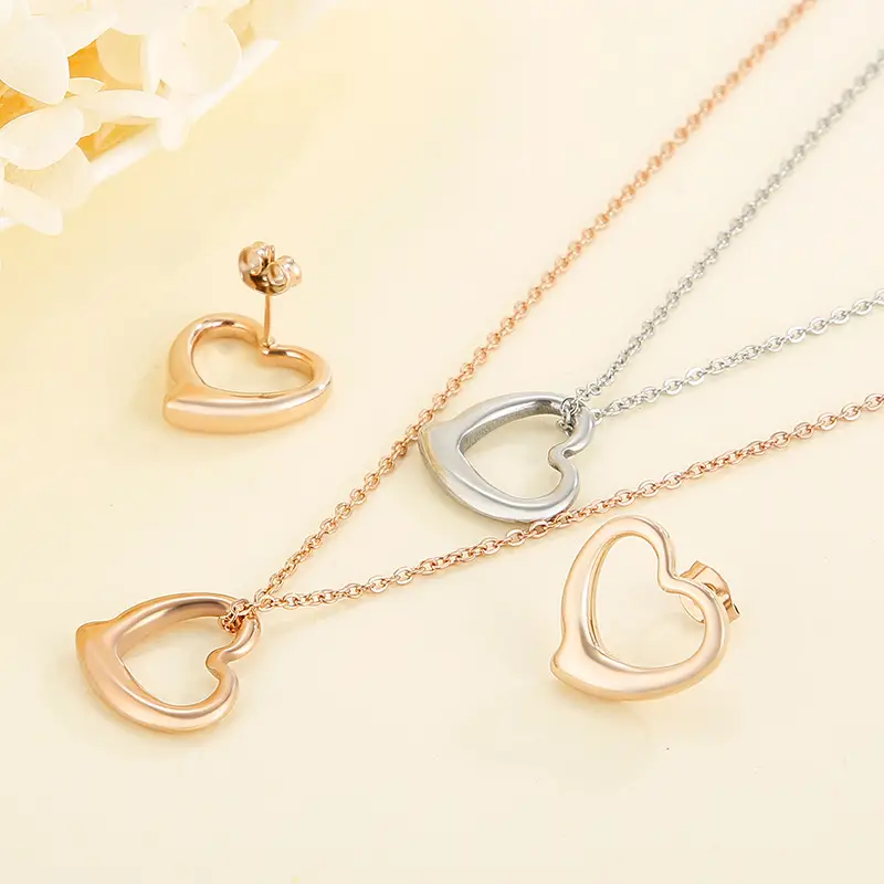 Heart Shaped Jewelry Set Gold Silver Double Layer Necklace Earrings - Image 4