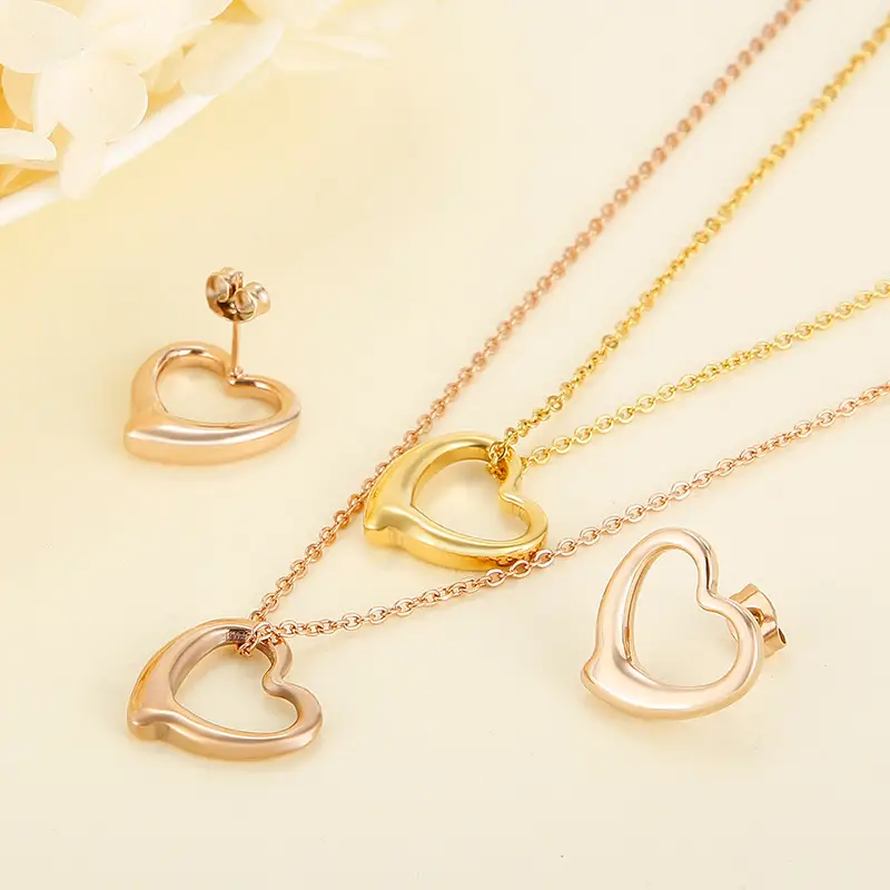 Heart Shaped Jewelry Set Gold Silver Double Layer Necklace Earrings - Image 5