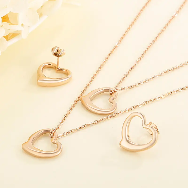 Heart Shaped Jewelry Set Gold Silver Double Layer Necklace Earrings - Image 6