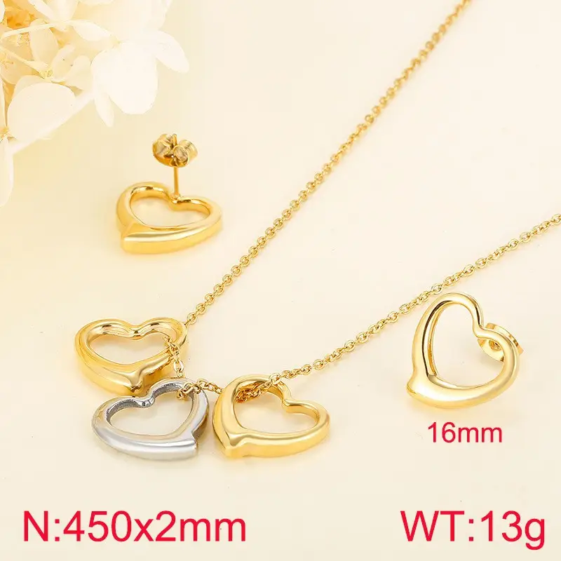 Heart Shaped Jewelry Set Gold Silver Double Layer Necklace Earrings - Image 7