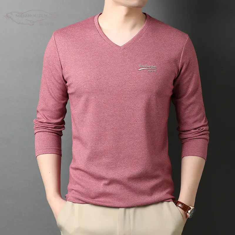 Men V-Neck Long Sleeve Cotton T-Shirt Blue - Image 5