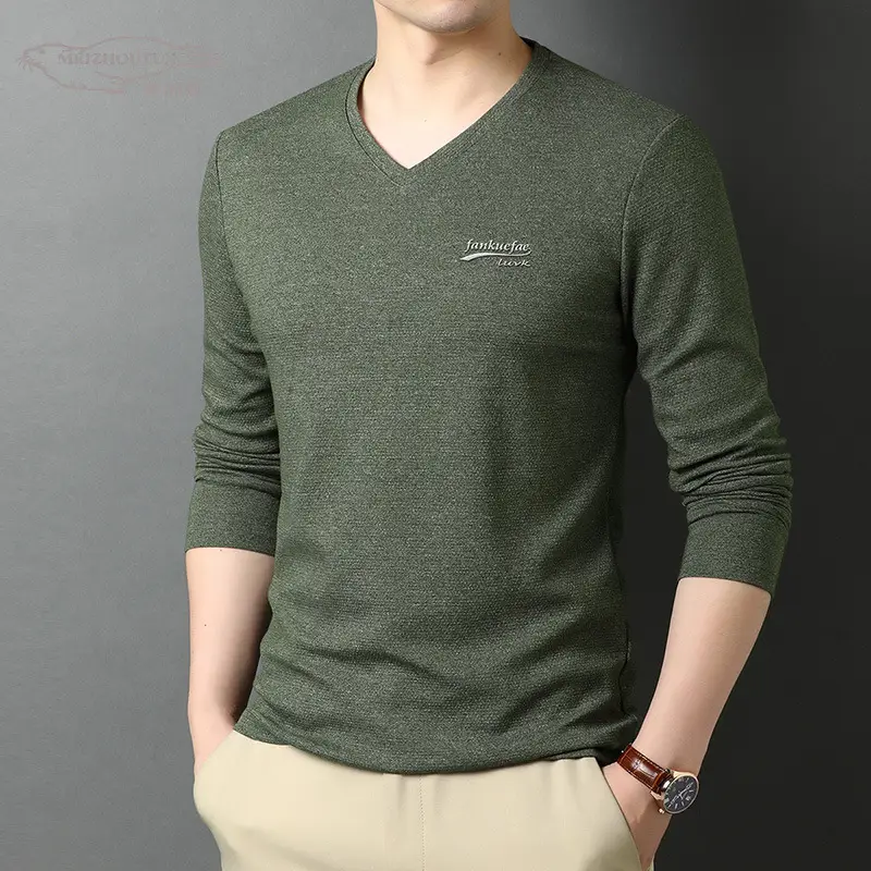 Men V-Neck Long Sleeve Cotton T-Shirt Blue - Image 6