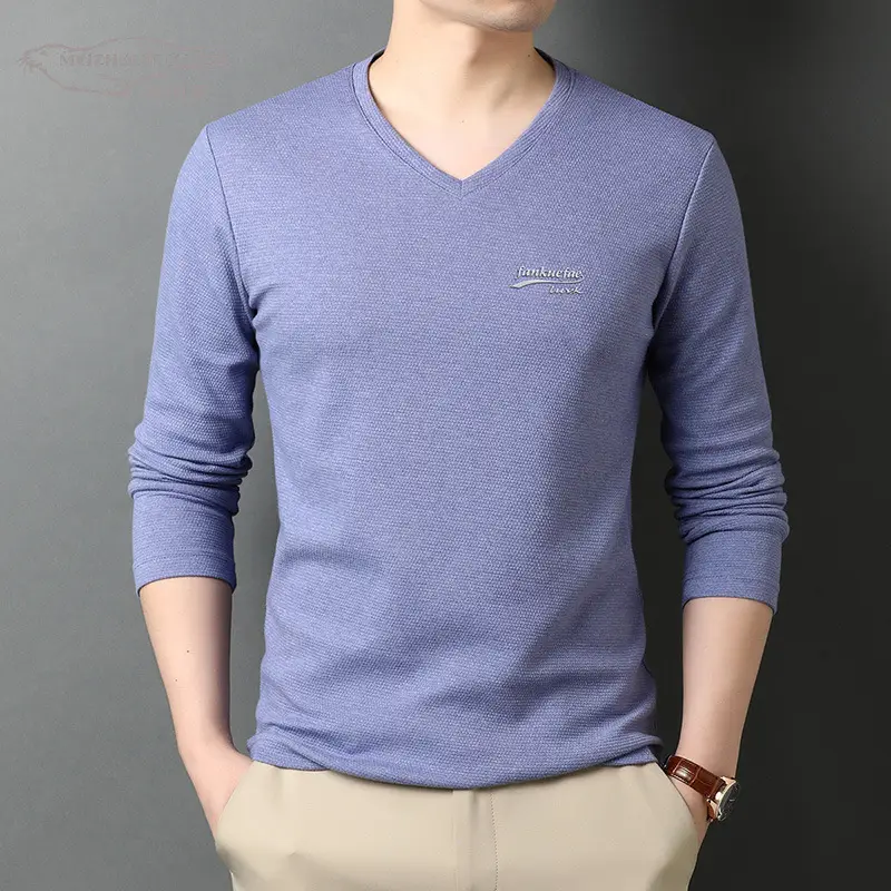 Men V-Neck Long Sleeve Cotton T-Shirt Blue - Image 7