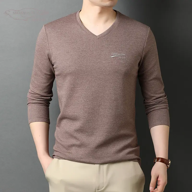 Men V-Neck Long Sleeve Cotton T-Shirt Blue - Image 8