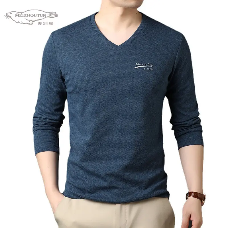Men V-Neck Long Sleeve Cotton T-Shirt Blue - Image 9