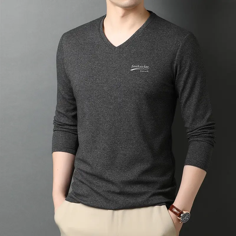 Men V-Neck Long Sleeve Cotton T-Shirt Blue - Image 3
