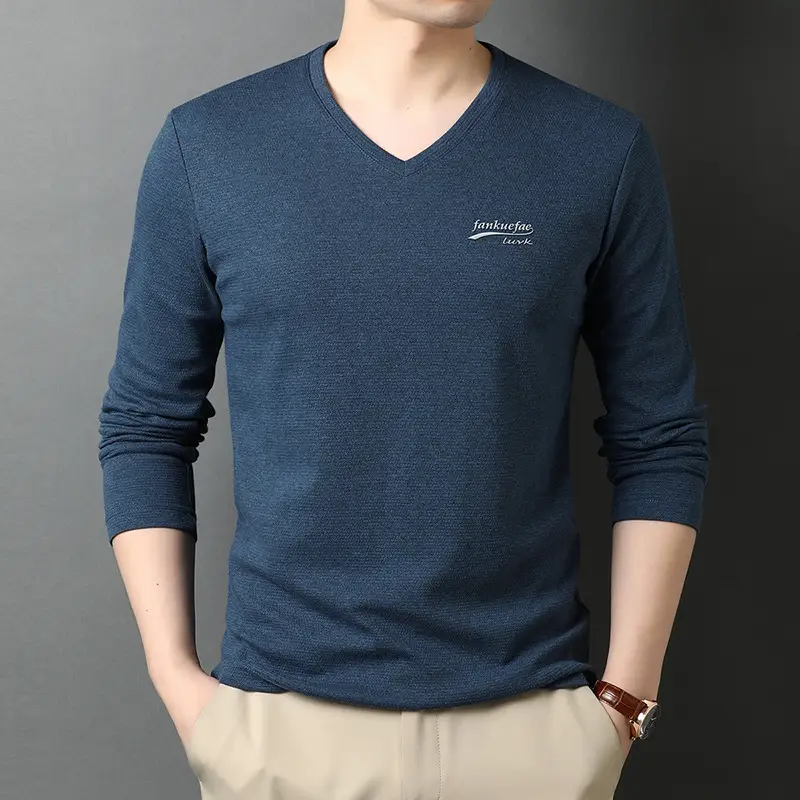 Men V-Neck Long Sleeve Cotton T-Shirt Blue - Image 4