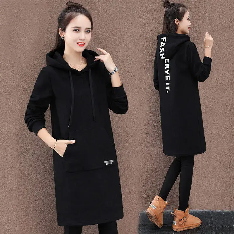 Winter Hooded Dress Women Black Loose Fit - Image 2