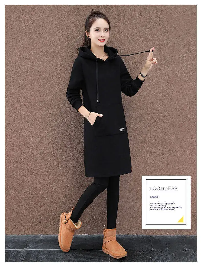 Winter Hooded Dress Women Black Loose Fit — feature 14