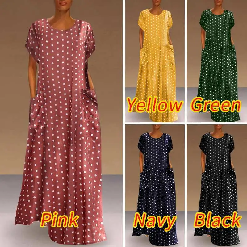 Women Vintage Dot Beach Dress Long Sleeve Collar